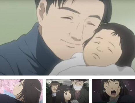 [アニメ「めぐみ」内のシーン画像（4シーン）]（1）生まれたばかりの横田めぐみさんを抱き上げる横田滋さん（2）桜を見上げる横田めぐみさん（3）北朝鮮の工作員に声をかけられる横田めぐみさん（4）涙を流す横田めぐみさん